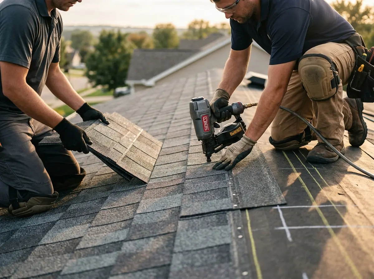 Professional roofer working on a residential roof in Randolph
